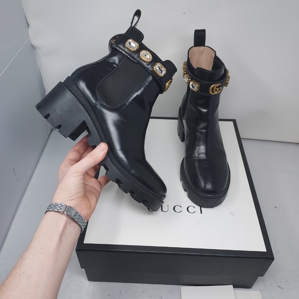 Gucci Black Ankle Boots with Gold Accents